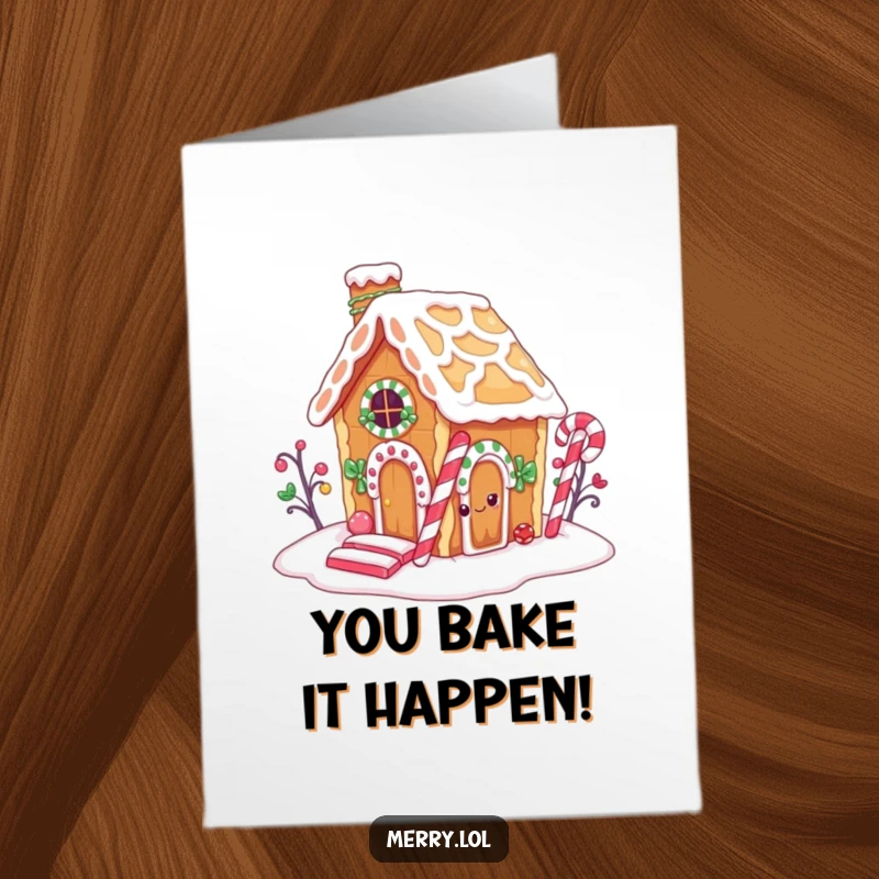 Funny Free Printable Congratulations Card: Gingerbread house character caught in the act of stealing candy from its chimney.