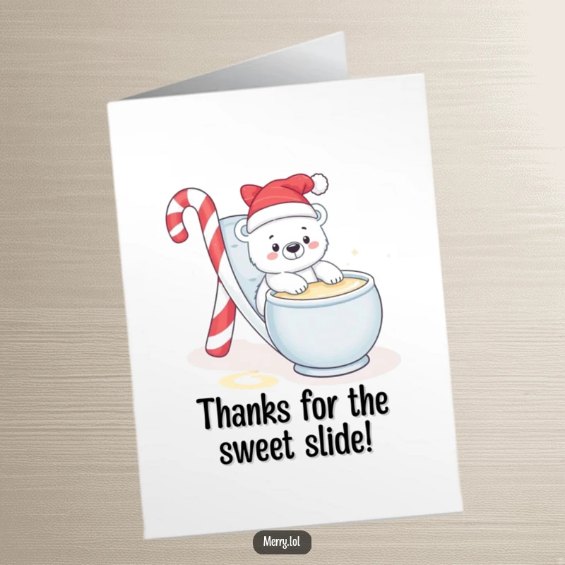 Free Printable Thank You Card: Cute polar bear sliding into eggnog, candy cane slide, playful, humorous, downloadable.