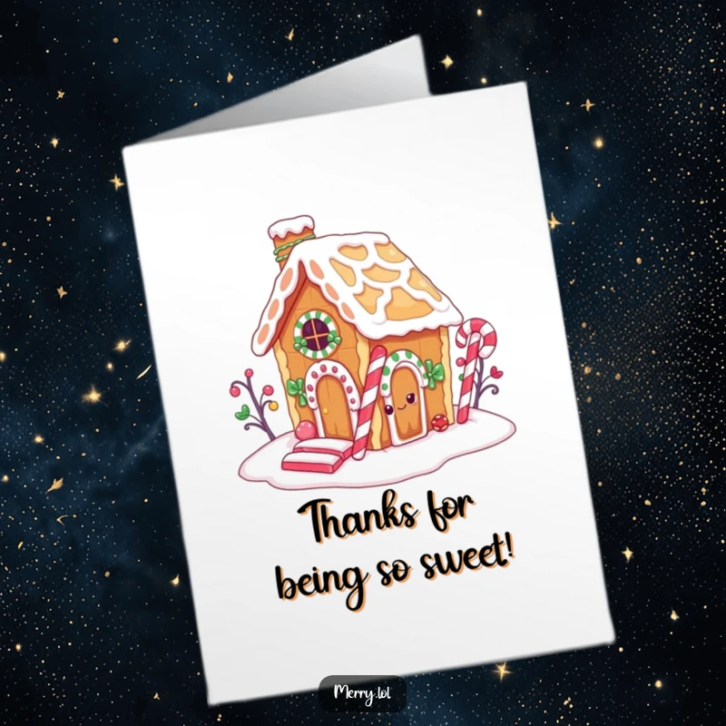 Funny Free Printable Thank You Card: Gingerbread house character playfully peeking at its candy cane chimney, ready to snack.