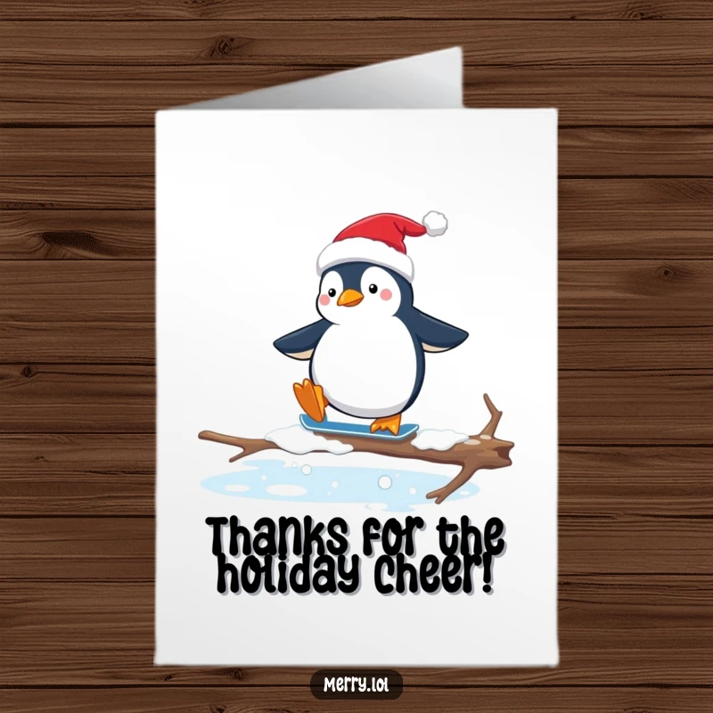 Funny Free Printable Thank You Card: Penguin in Santa hat slipping on a branch, a funny gesture of thanks.