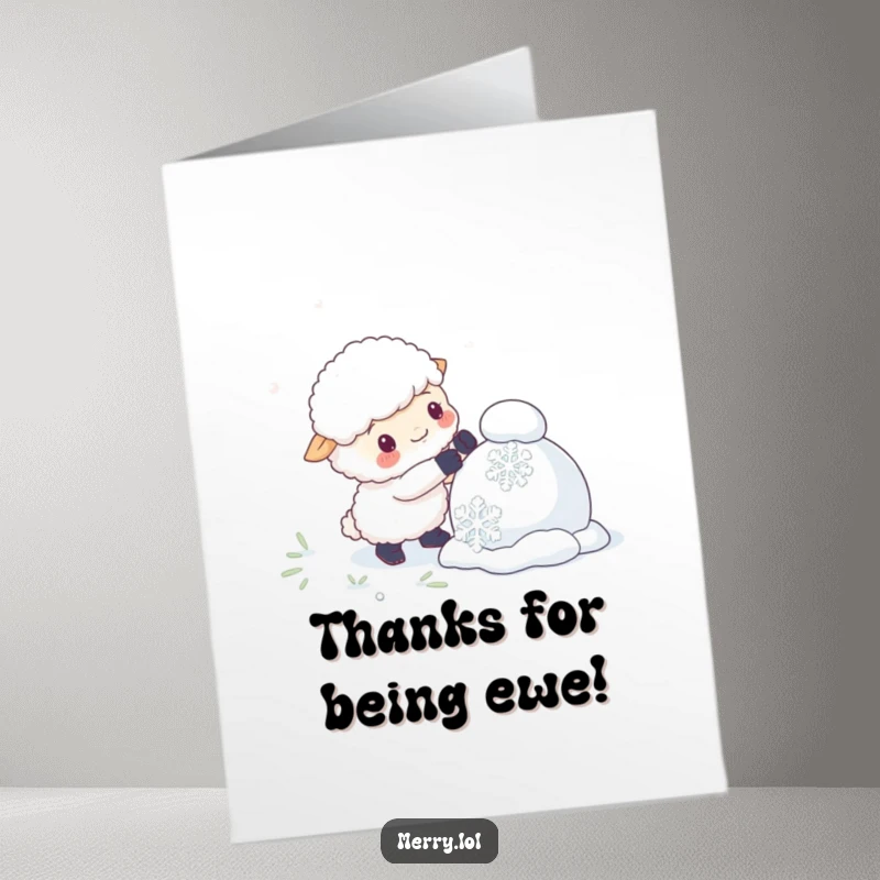 Funny Free Printable Thank You Card: Sheep character comically attempting to assemble a snowman from oversized snowflakes.