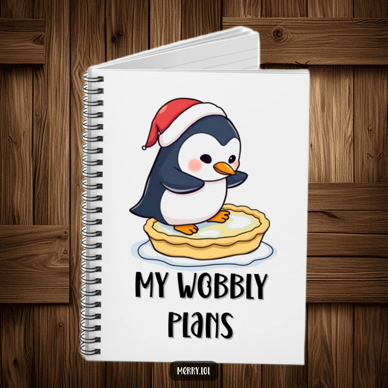 Funny notebook cover featuring a penguin wearing a Santa hat, comically trying to ice skate on a frozen pie.
