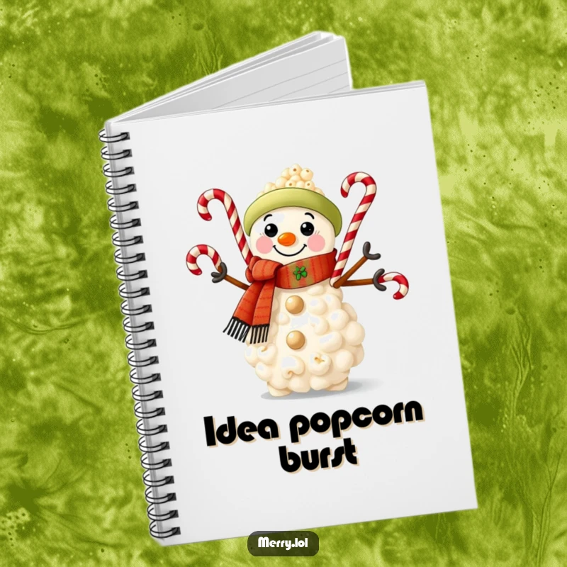 Funny notebook featuring a popcorn snowman wearing a scarf and juggling candy canes, ideal for jotting down festive notes.
