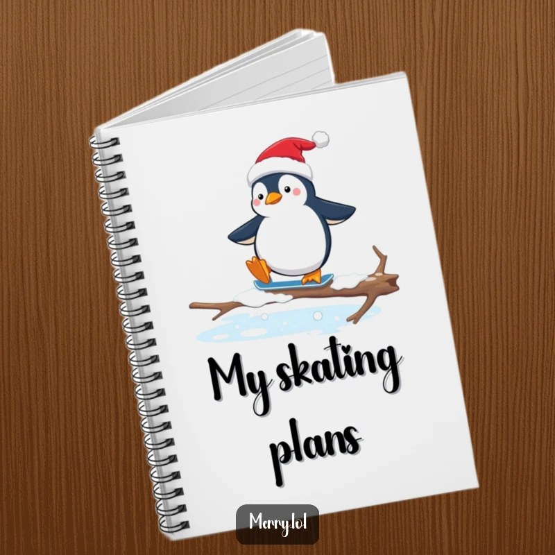 Funny notebook cover with a penguin in a Santa hat awkwardly ice skating on a slippery branch, inspiring humorous writing.