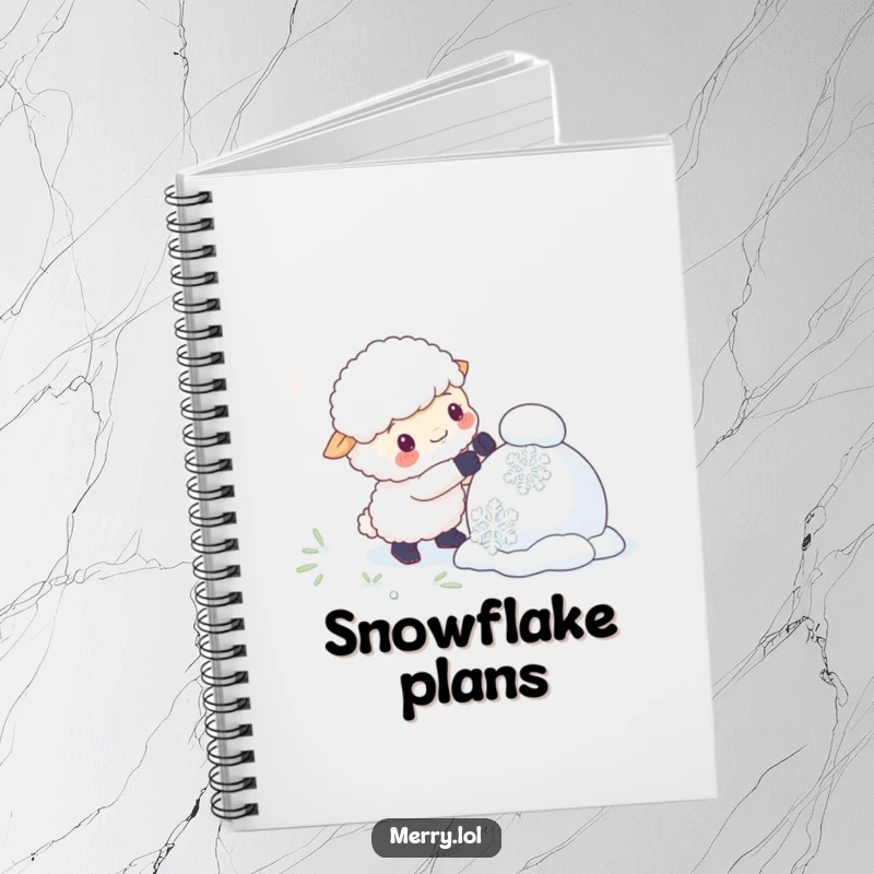Funny notebook cover with a fluffy sheep character building a snowman using giant snowflakes, inspiring winter-themed writing.