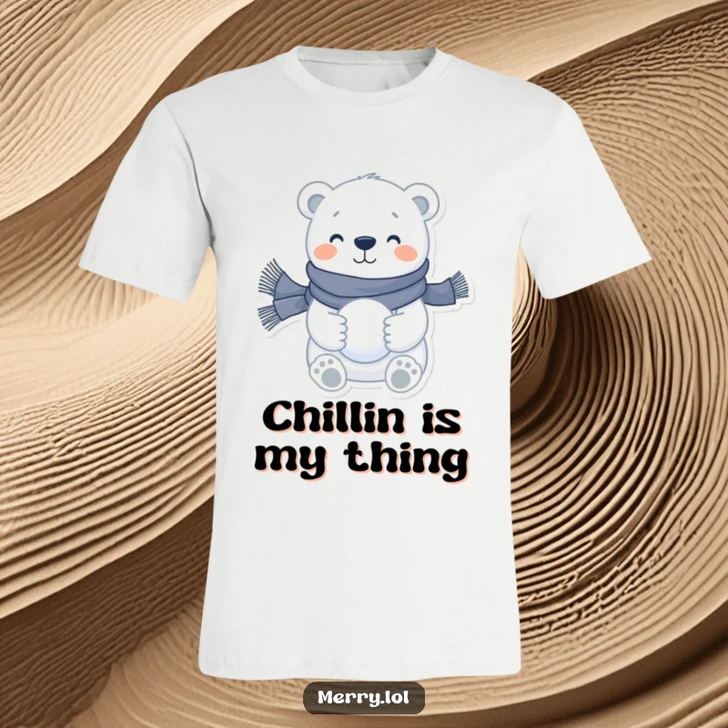 Funny polar bear t-shirt showcasing a happy character wearing a scarf and holding a snowball, perfect for winter enthusiasts.