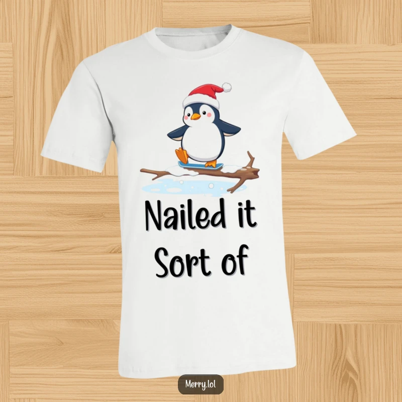 Funny t-shirt showing a penguin in a Santa hat failing at ice skating on a slippery branch, a festive and comical sight.