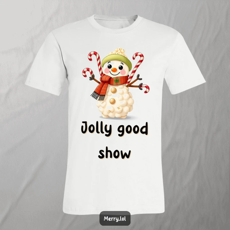 Funny t-shirt design of a popcorn snowman in a festive scarf, juggling candy canes with a cheerful, whimsical look.