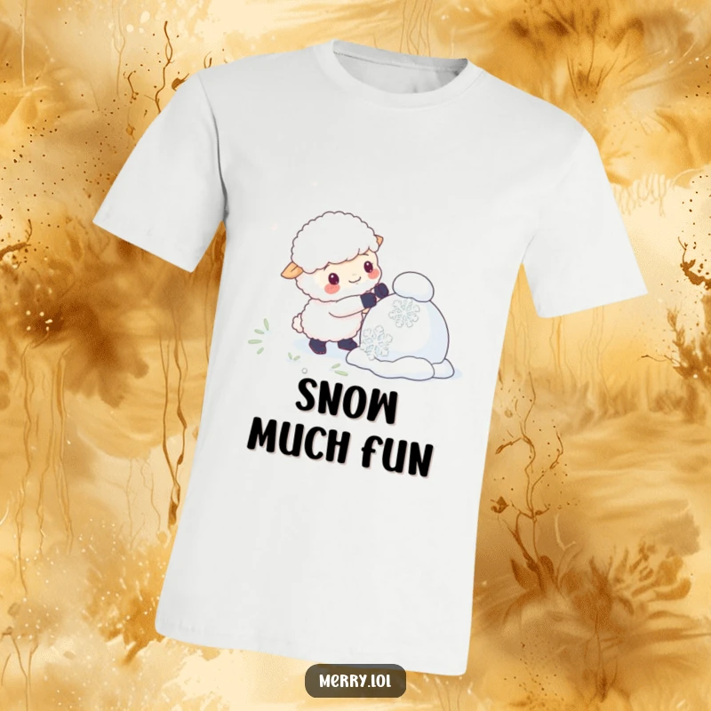 Funny t-shirt with a fluffy sheep character attempting to create a snowman using oversized snowflakes, a comical winter scene.