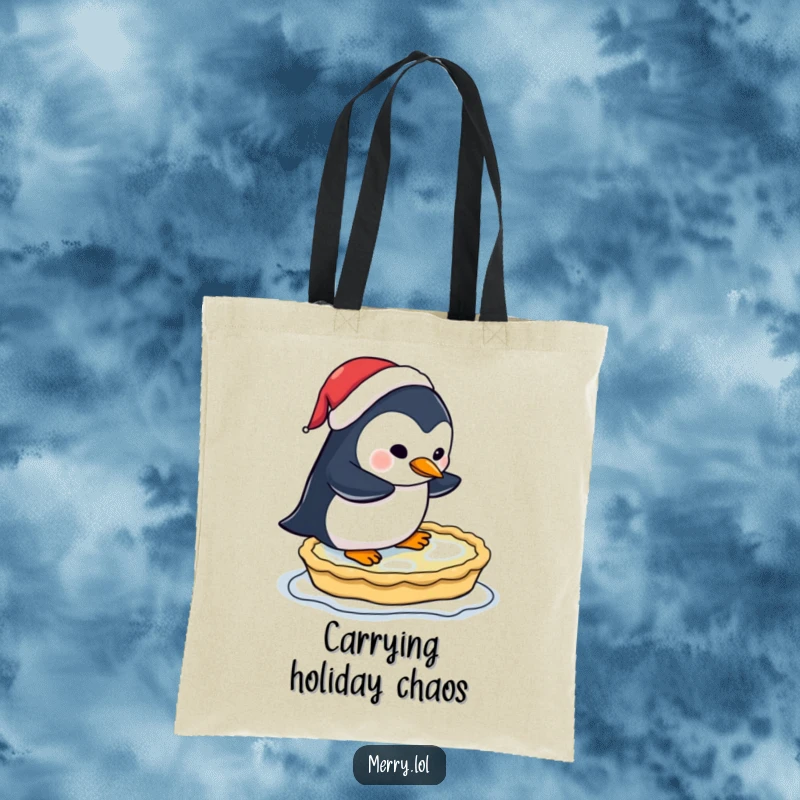 Funny tote bag illustration of a penguin in a Santa hat attempting to ice skate on a frozen pie, ready for errands.
