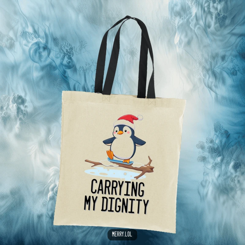 Funny tote bag illustrated with a penguin wearing a Santa hat, awkwardly skating on a slippery branch, a comical holiday scene.