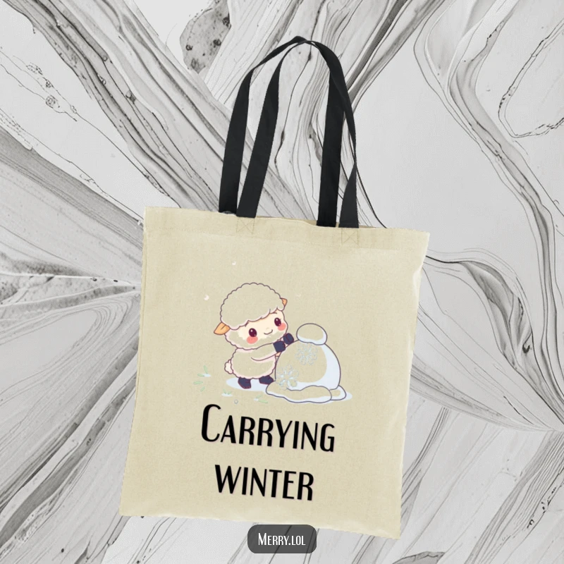 Funny tote bag illustrating a fluffy sheep character constructing a snowman with giant snowflakes, a delightful and humorous accessory.